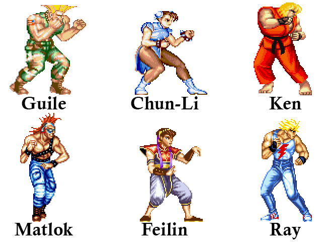The named characters, Street Fighter 2 on top, Fighter's History on the bottom: Guile, Chun-Li, Ken, Matlok, Feilin, Ray.